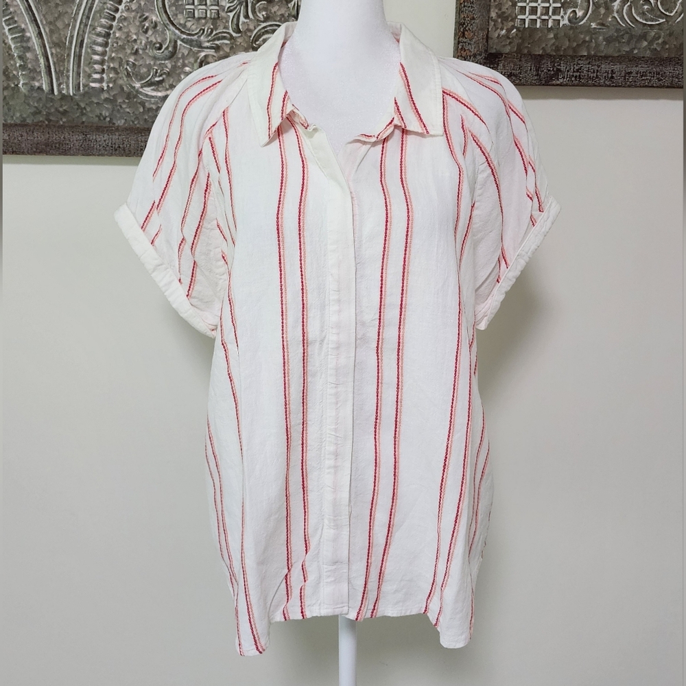 Sundays By Wearesundays White & Red Striped Linen Blend Button-up Top Medium